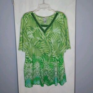 Catherine's Tropical Tunic Top Sz 1X Green Beaded Stretch 70's Vibe Boho Resort